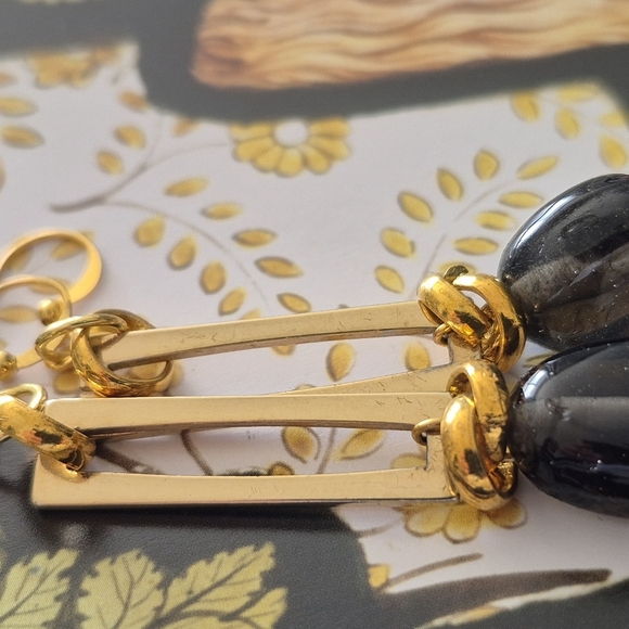 Modern Gold and Black Dangle Earrings with Geometric Design And Black Drop - Picture 4 of 5